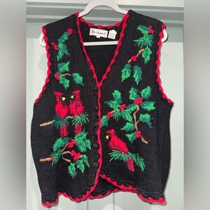 Vintage Bechamel Hand Knit Cardinal Christmas Sweater Vest L • Holly Y2K Holiday
